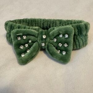 Green Fuzzy Headband with Bow and Rhinestones